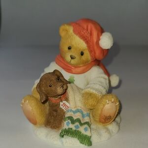 Cherished Teddies Lee  Red and White Bear with Brown Dog Figurine